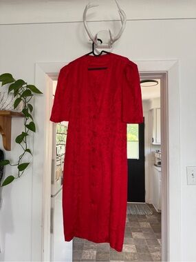 Vintage Red Jacquard Midi Dress